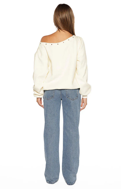 Bambi Cream Asymmetric Neckline Eyelet Sweater