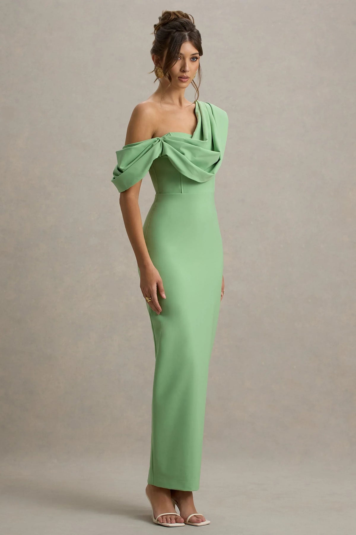 Angelina Green Draped Shoulder Maxi Dress