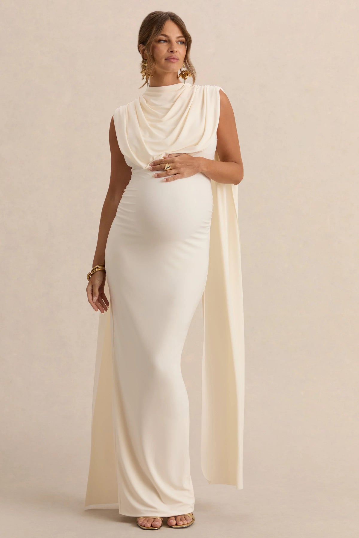 Belva Cream Round Neck Maternity Maxi Dress With Cape Detail