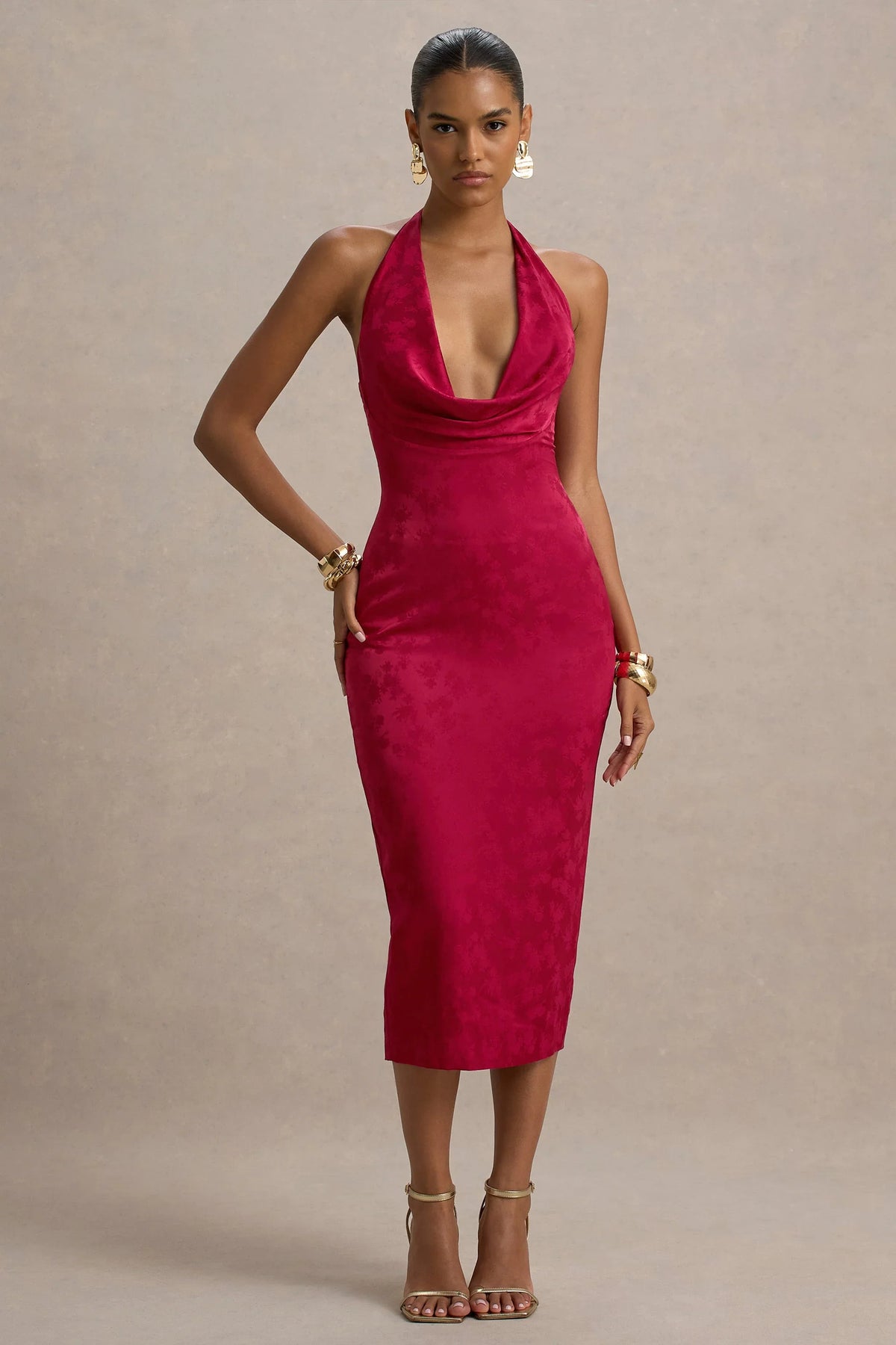 Aine Red Satin Jacquard Cowl Neck Midi Dress