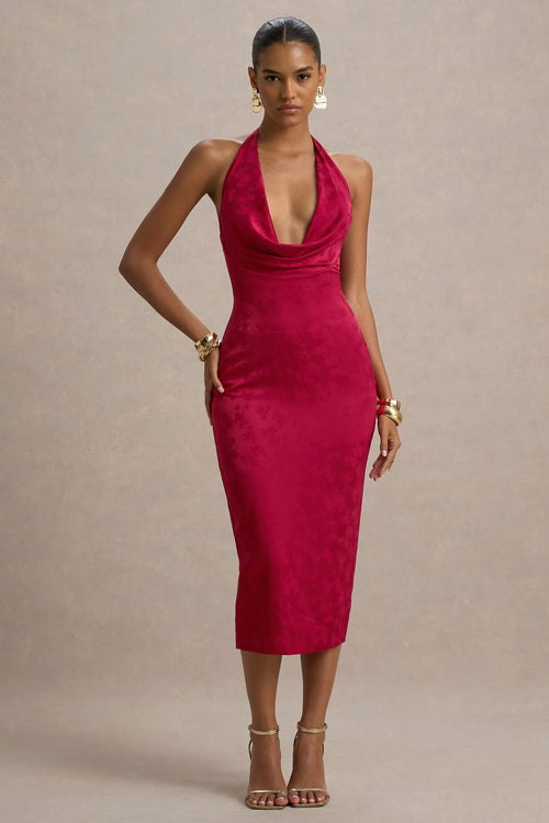 Aine Red Satin Jacquard Cowl Neck Midi Dress