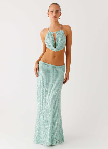 Amoura Sequin Low Rise Maxi Skirt Mint Sage
