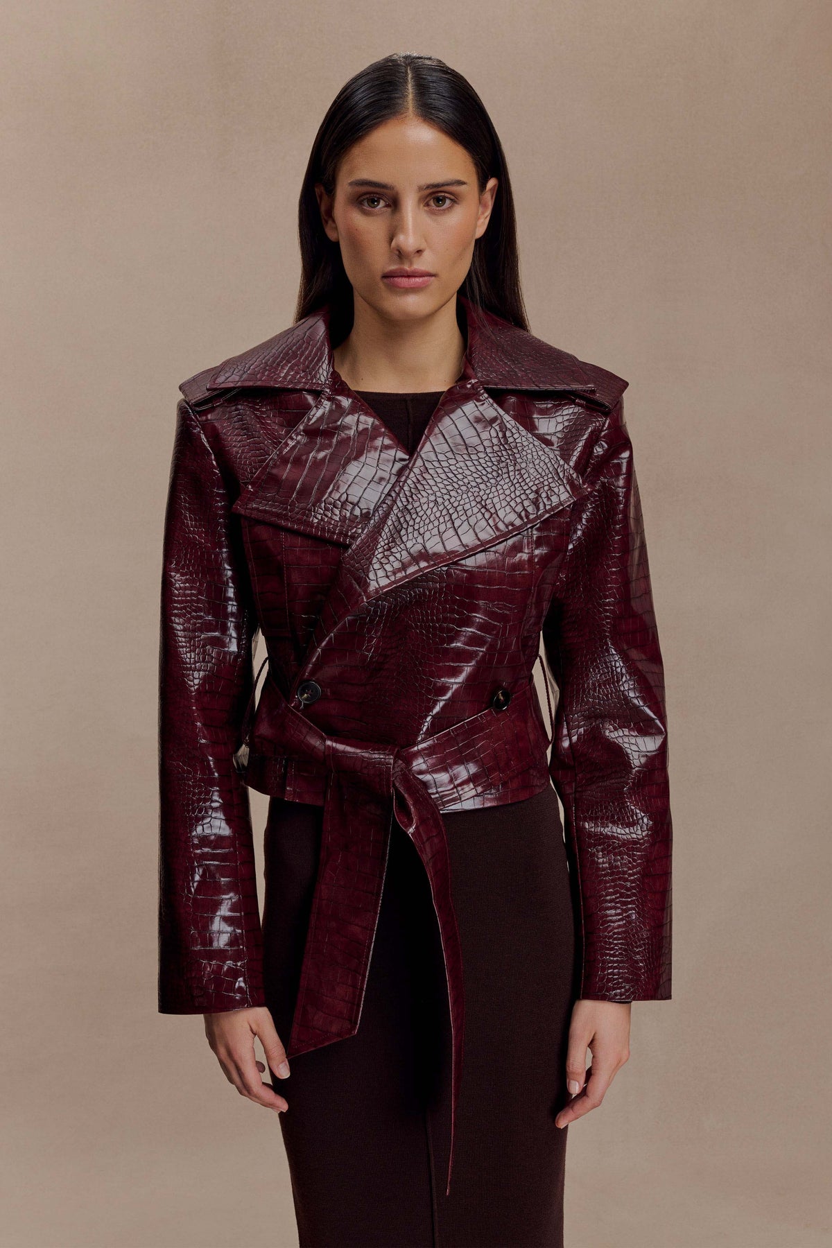 Archie Croc Faux Leather Cropped Jacket Burgundy