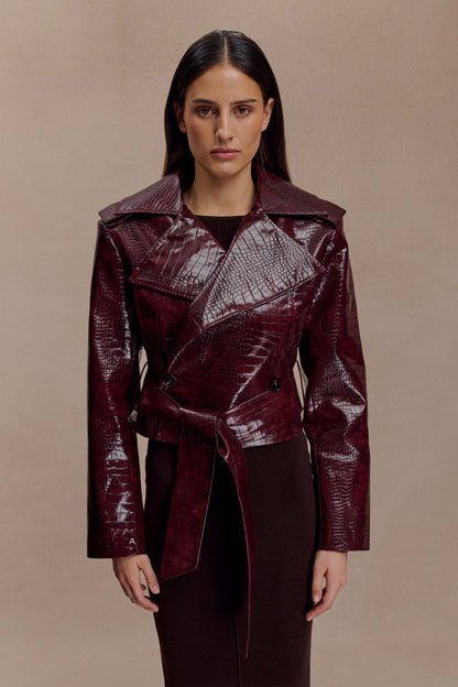 Archie Croc Faux Leather Cropped Jacket Burgundy