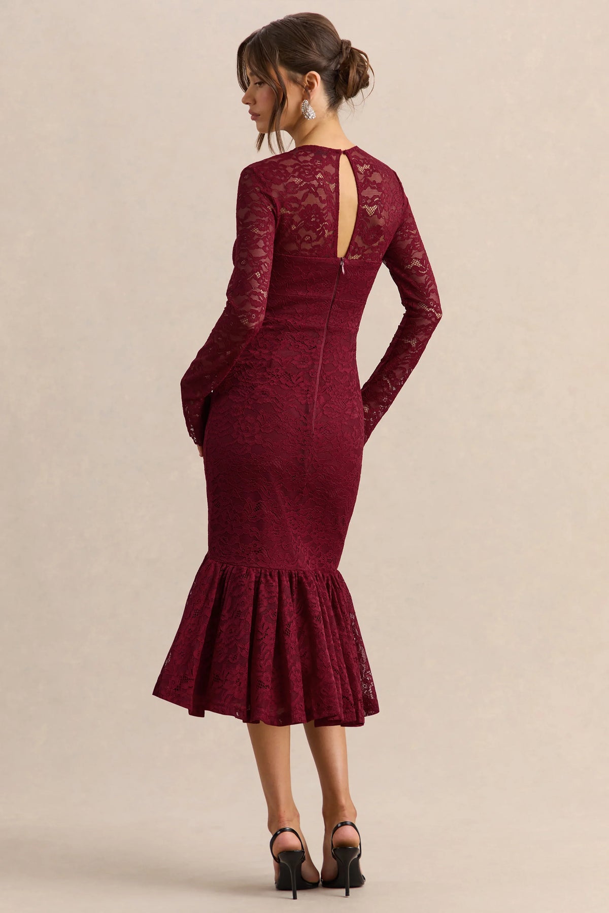 Camilly Burgundy Lace Plunge Neck Mermaid Midi Dress