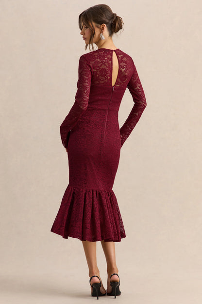 Camilly Burgundy Lace Plunge Neck Mermaid Midi Dress