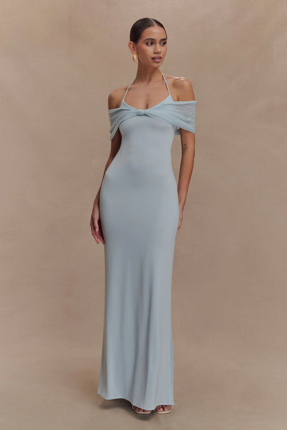 Bernadina Mesh And Slinky Halter Maxi Dress Pale Blue