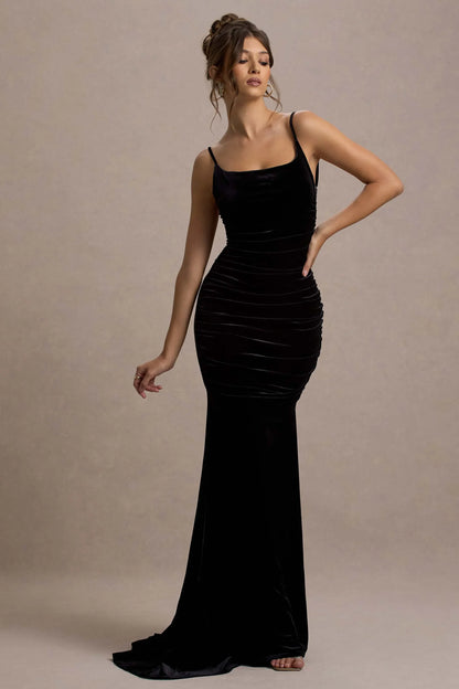 Adele Black Velvet Ruched Strappy Fishtail Maxi Dress