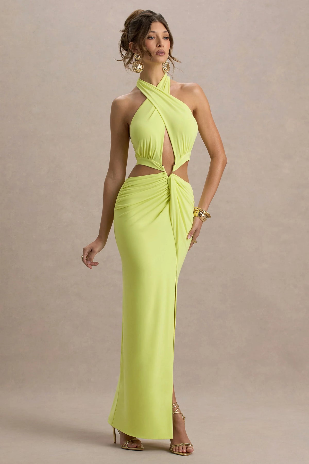 Aura Lime Green Halter Neck Cut Out Split Maxi Dress