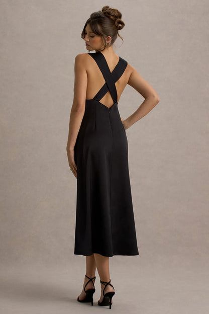 Beck Black Satin Plunge Neck Cross Back Midi Dress