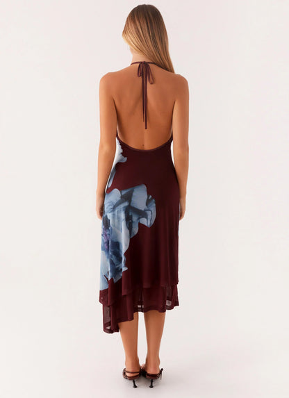 Brinley Halterneck Midi Dress Maroon Print