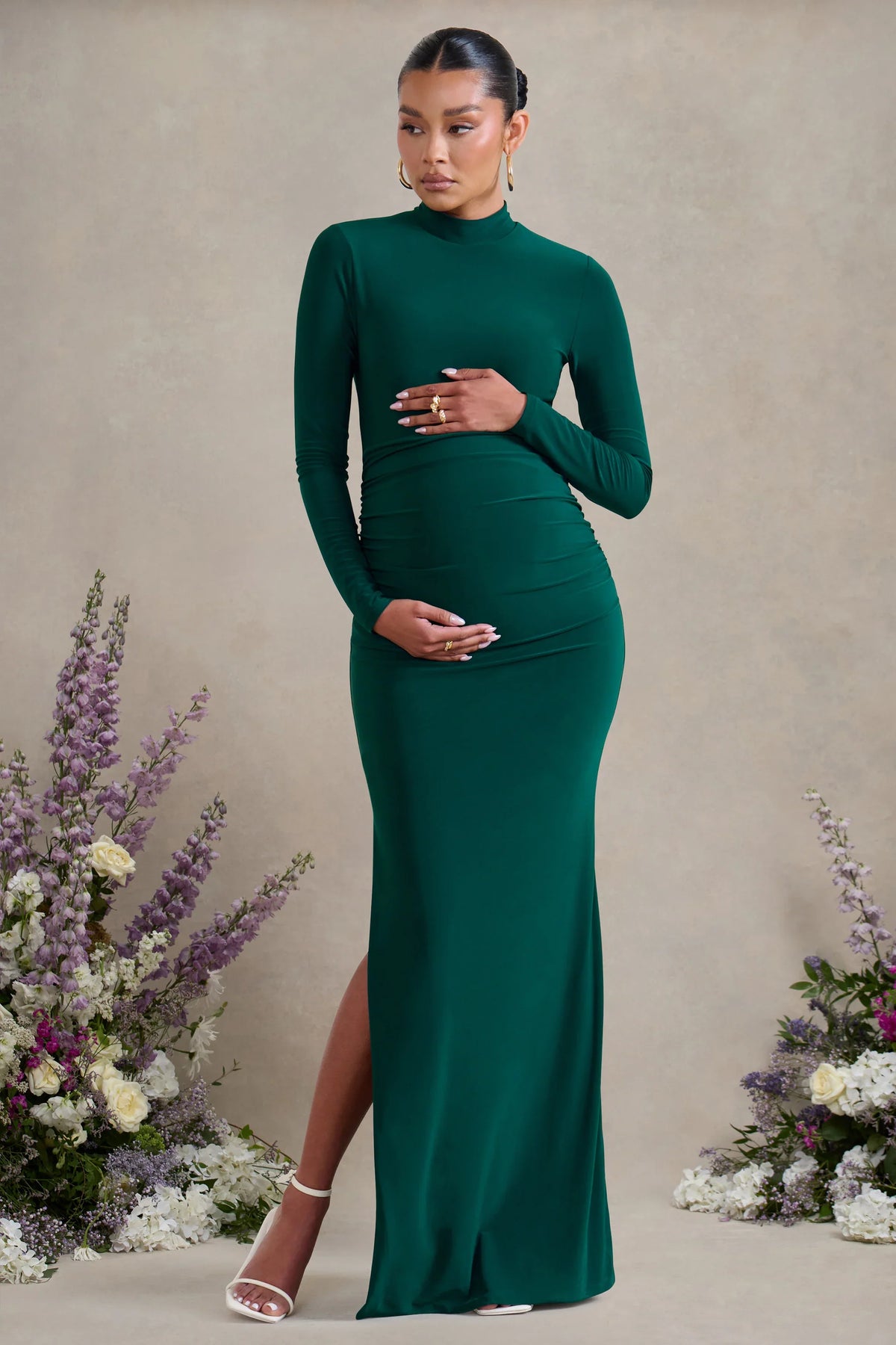 Alejandra Green Maternity Long Sleeve High Neck Maxi Dress