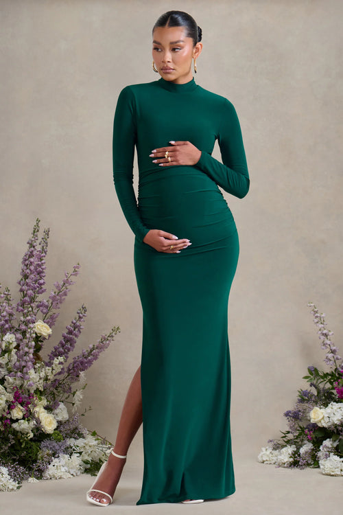 Alejandra Green Maternity Long Sleeve High Neck Maxi Dress