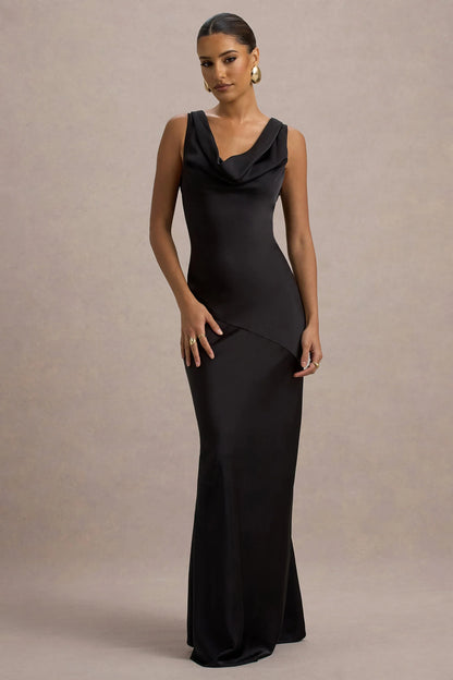 Alesso Black Satin Cowl Neck Slip Maxi Dress