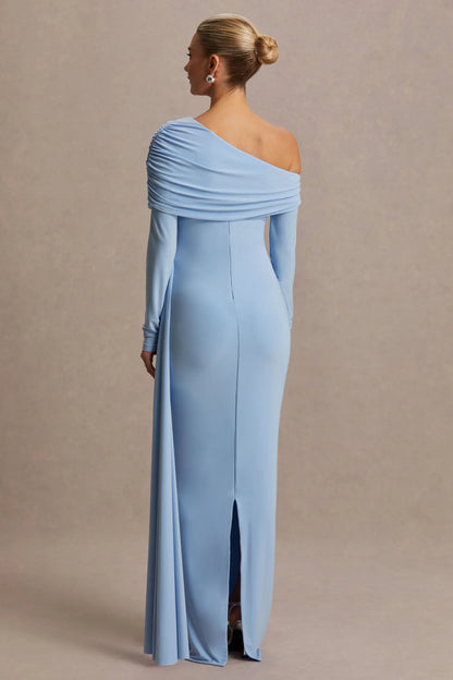 Amara Powder Blue Asymmetric Neck Maternity Maxi Dress With Sash Detail