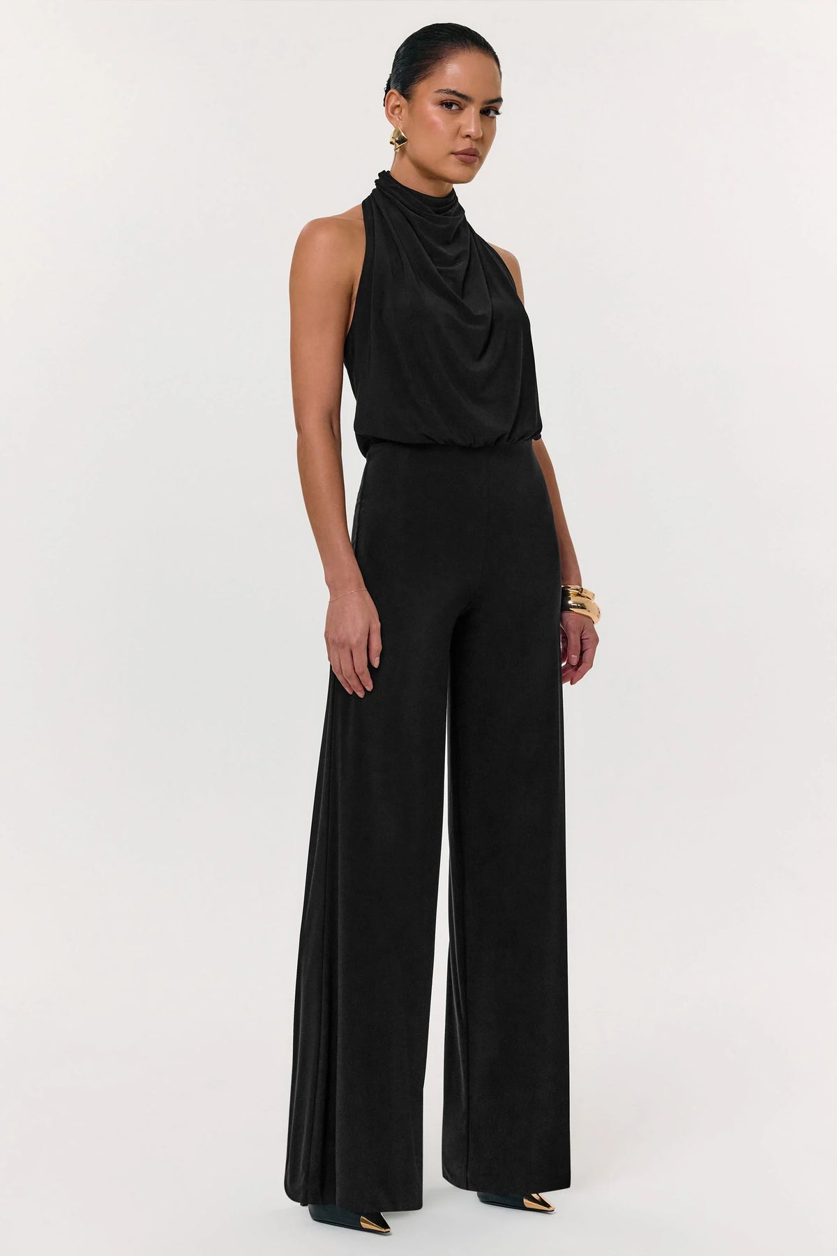 Asha Black High Neck Jumpsuit With Ruched Detail