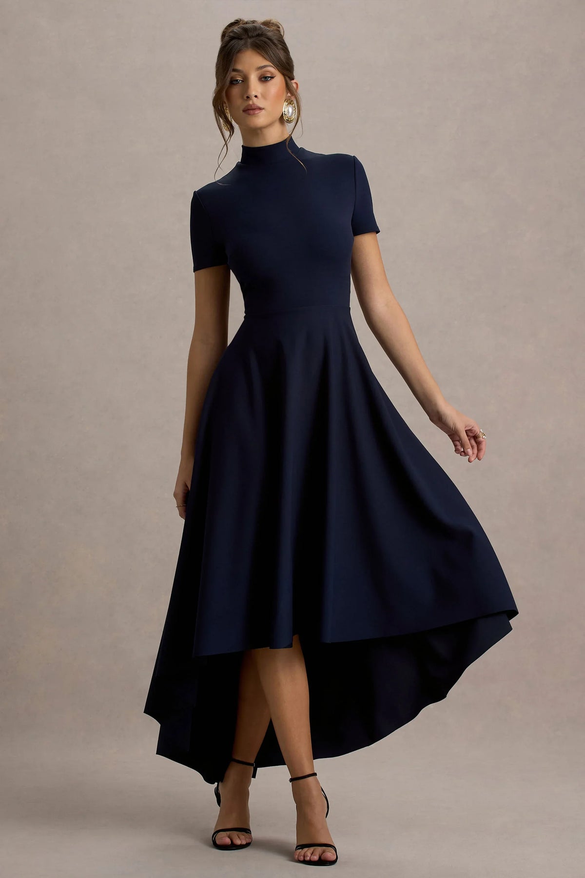 Bellona Navy High Neck High Low Midi Dress