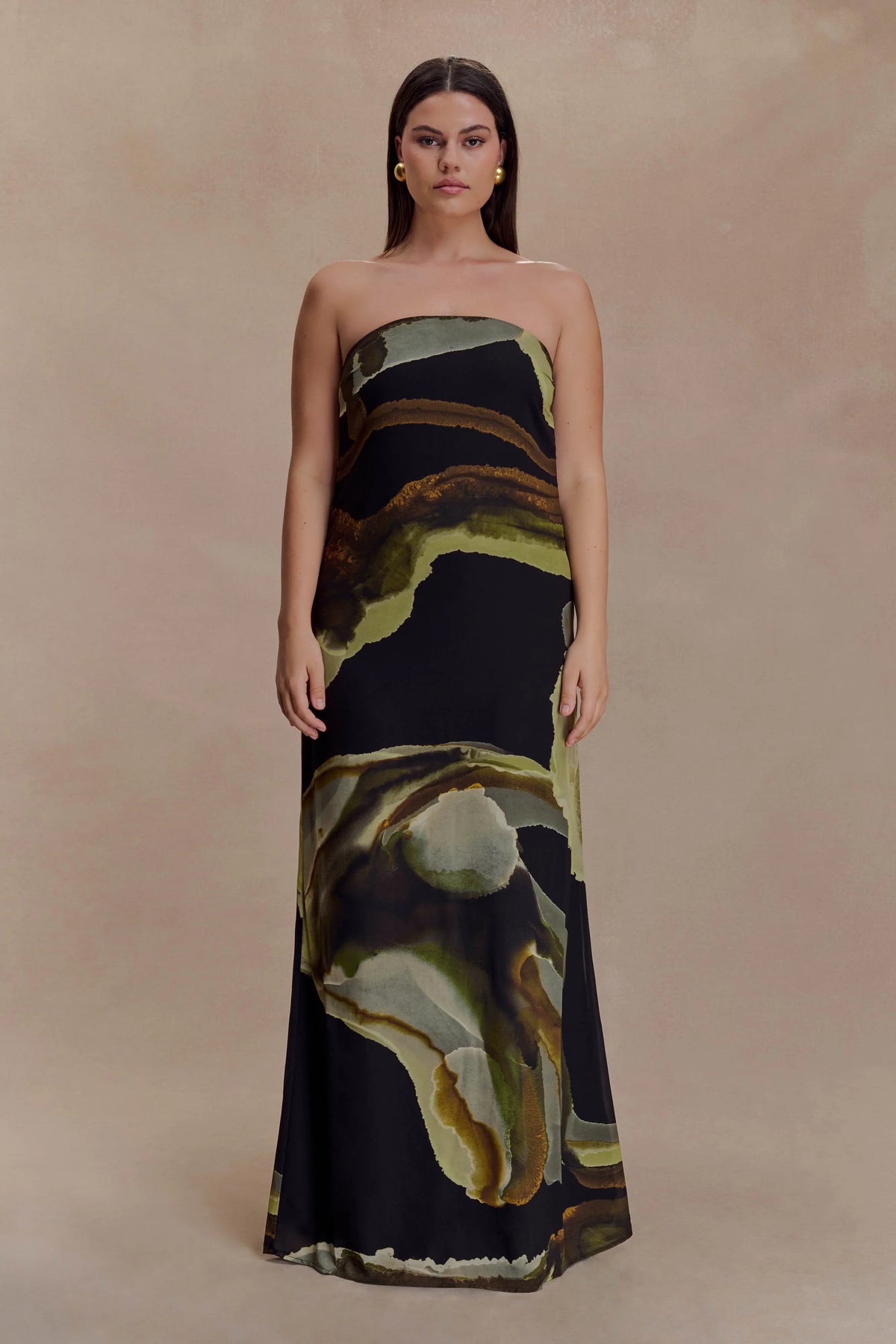 Amaya Strapless Chiffon Maxi Dress Green Fluid Reverie Print