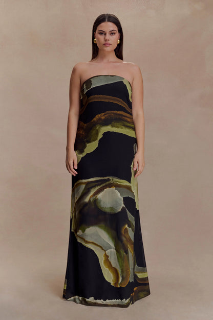 Amaya Strapless Chiffon Maxi Dress Green Fluid Reverie Print
