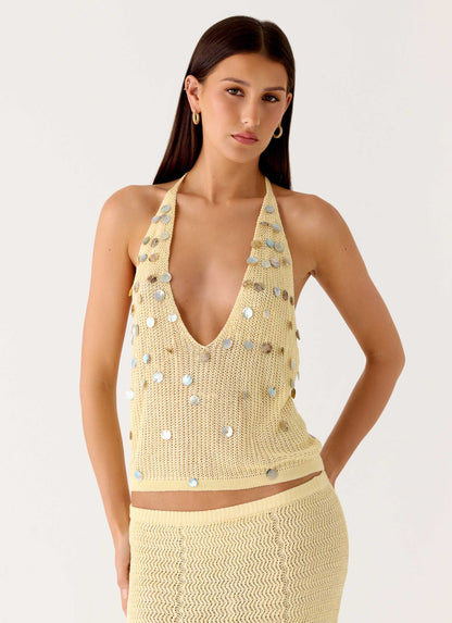 Adelaida Beaded Crochet Top Yellow