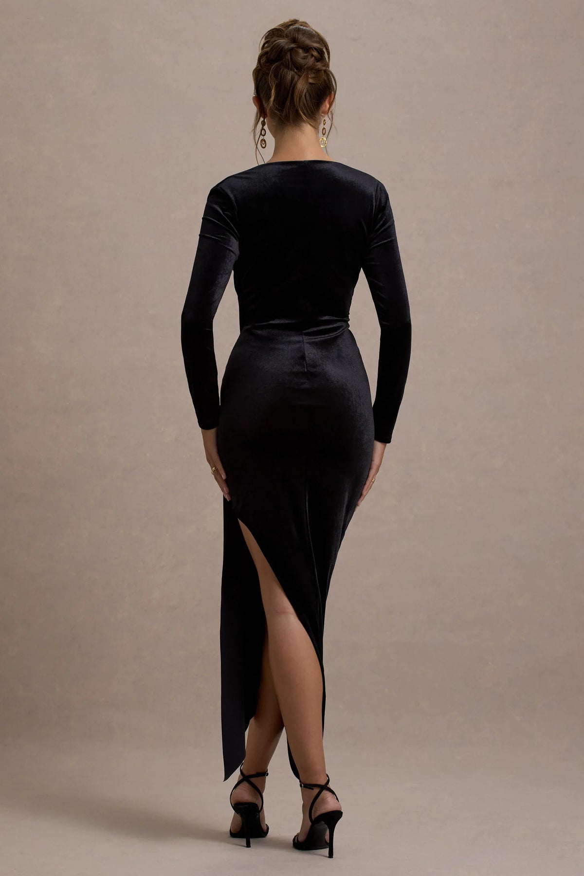 Arcadia Black Velvet Plunge Neck Wrap Midi Dress