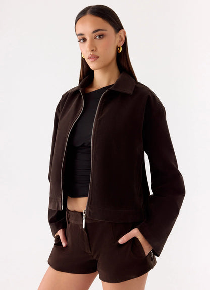 Austina Faux Suede Boxy Jacket Chocolate