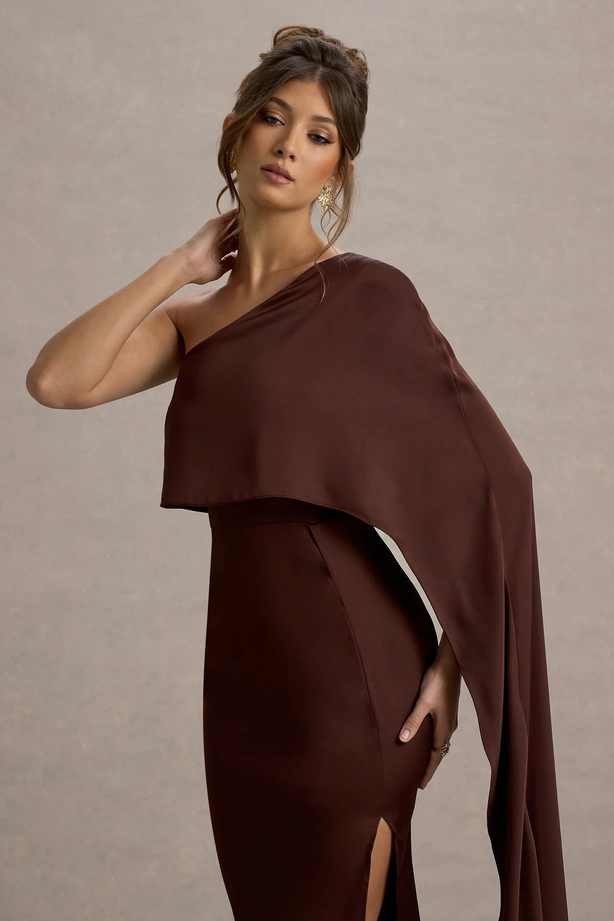 Amora Brown Satin Asymmetric Cape Sleeve Split Maxi Dress