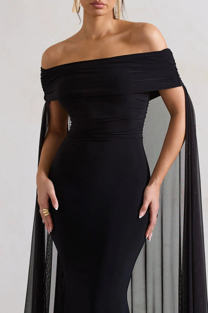 Carlotta Black Bardot Maxi Dress With Chiffon Cape