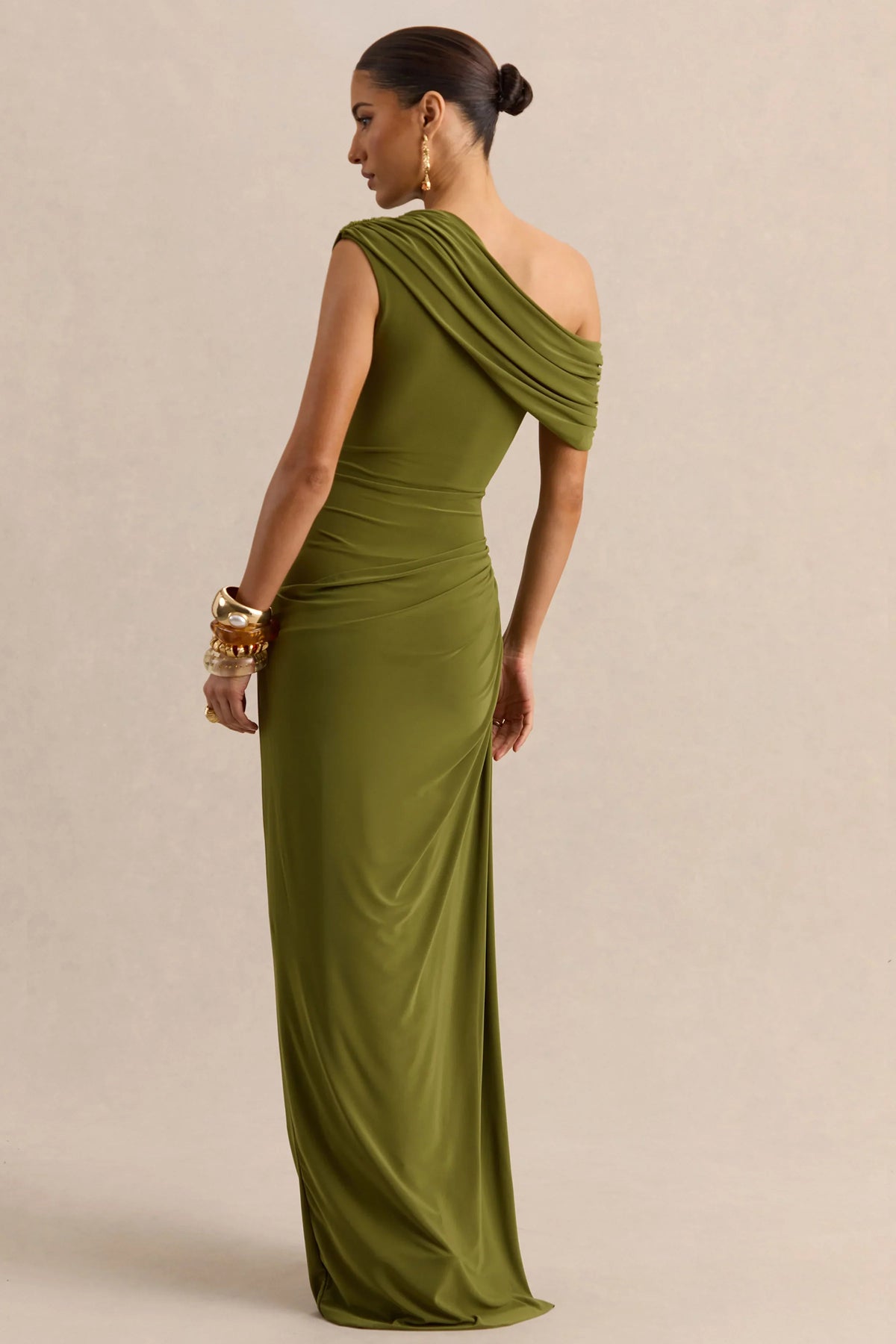 Avialee Green Asymmetric Neck Maxi Dress With Gathered Detailing And Sash