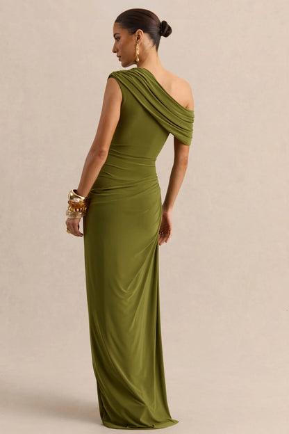 Avialee Green Asymmetric Neck Maxi Dress With Gathered Detailing And Sash