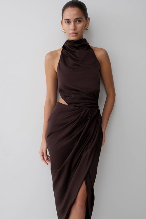 Aveline Draped Halter Midi Dress Dark Chocolate