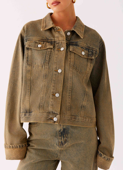 Back Again Oversized Denim Jacket Brown Sand Wash