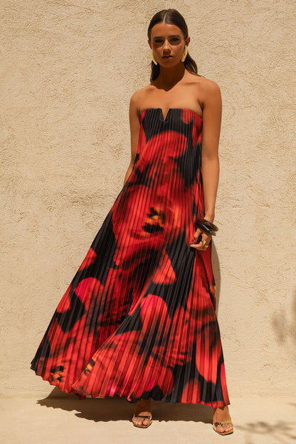 Bergamot Black And Red Floral Print Satin Sweetheart Maxi Dress