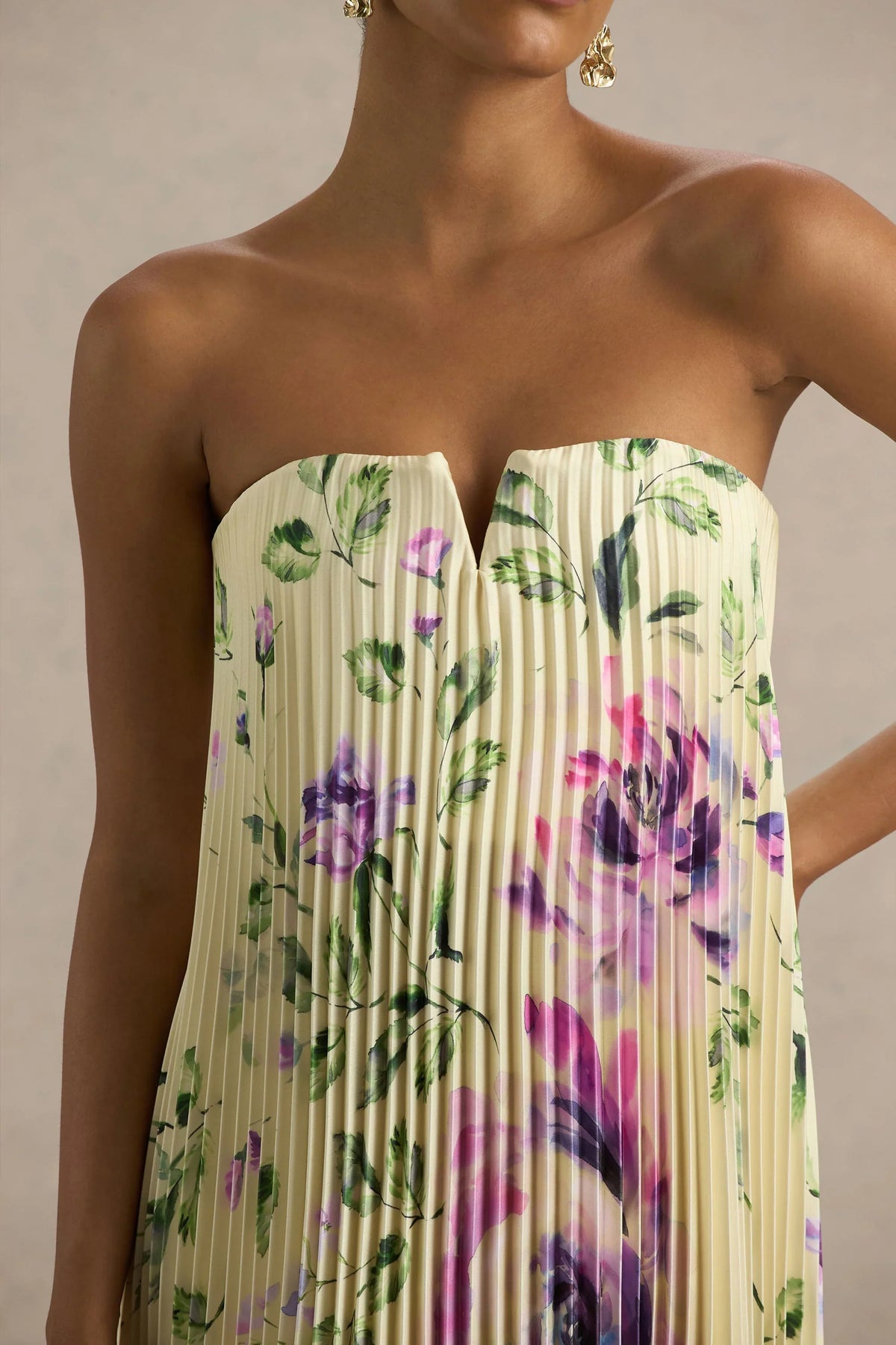 Bergamot Lemon Rose Print Satin Sweetheart Maxi Dress