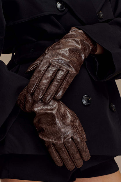 Atlas Faux Leather Crocodile Gloves Chocolate