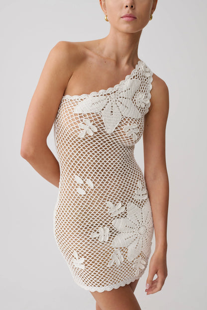 Barker Hand Crochet Knit Mini Dress White