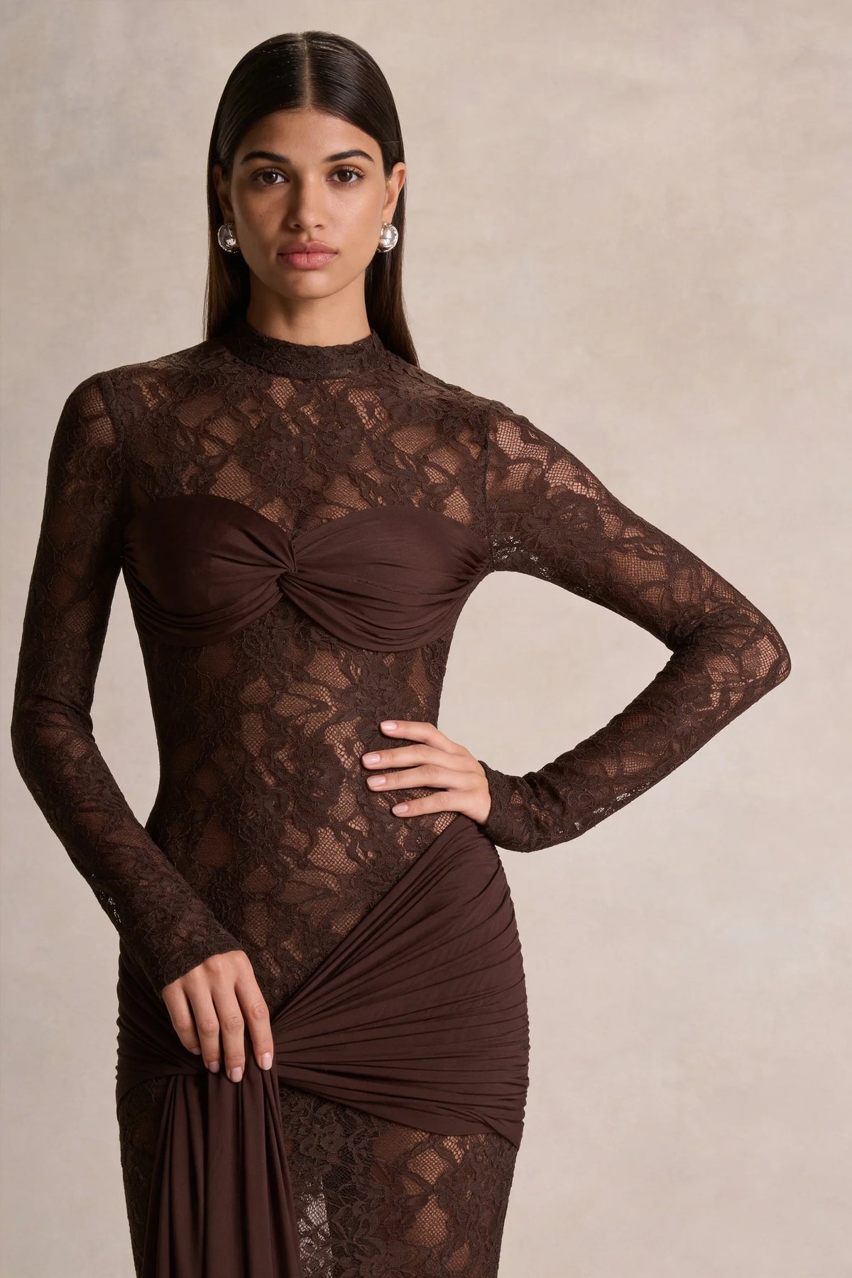 Akira Brown Lace Maxi Dress With Sash Detail