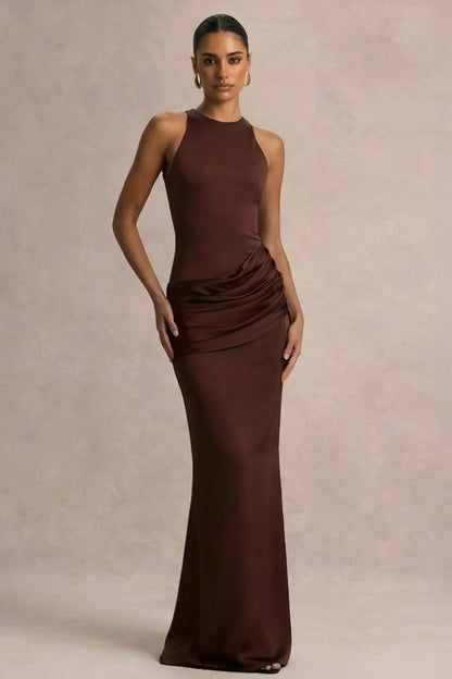Akari Brown Crew Neck Maxi Dress With Satin Skirt