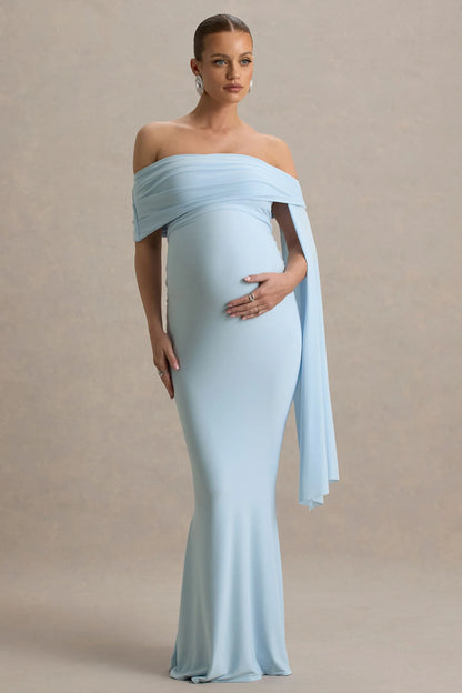 Aquila Powder Blue Bardot Maternity Maxi Dress With Draped Detail