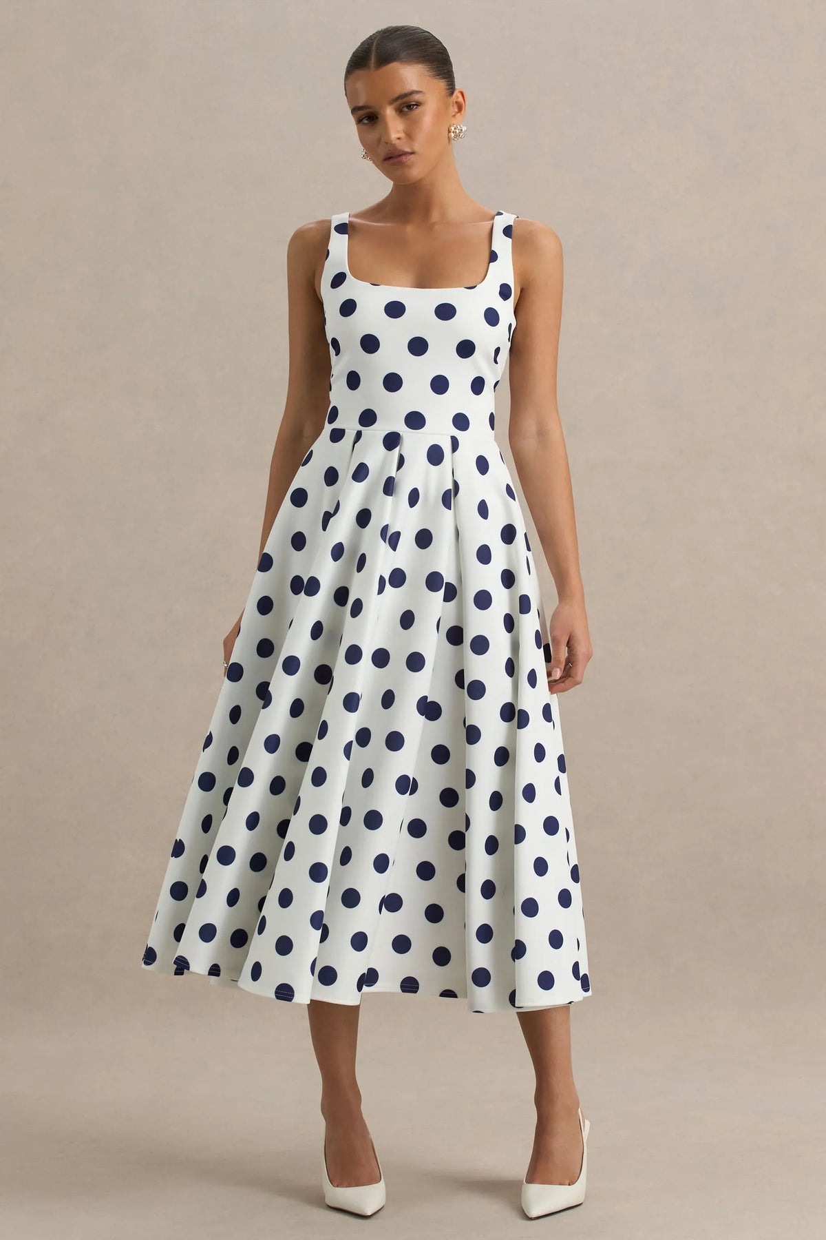 Berta White And Navy Polka Dot Square Neck Midi Dress