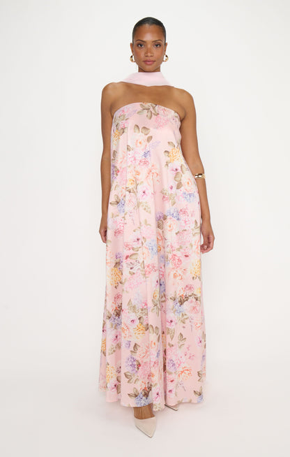 Tinsley Tube Dress ~ Powder Pink Blooms Taffeta