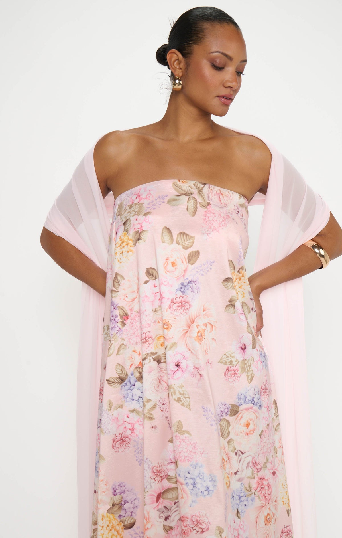 Tinsley Tube Dress ~ Powder Pink Blooms Taffeta