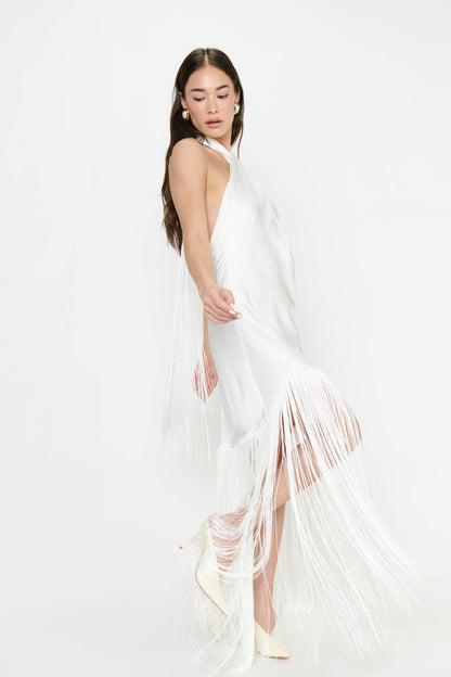 Jasmine Fringe Maxi Dress ~ Ivory Luxe Satin