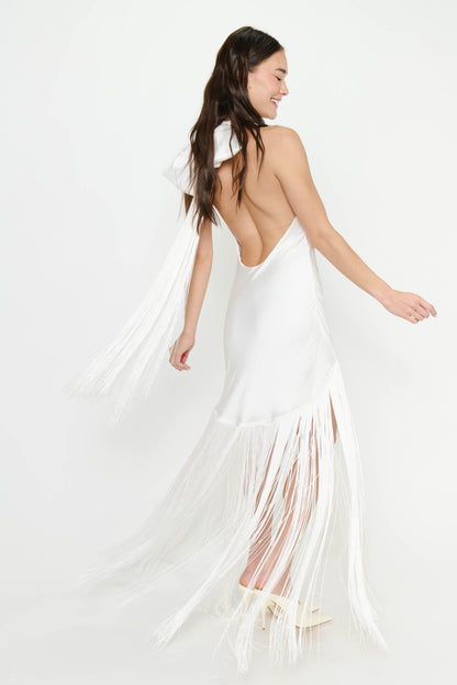 Jasmine Fringe Maxi Dress ~ Ivory Luxe Satin