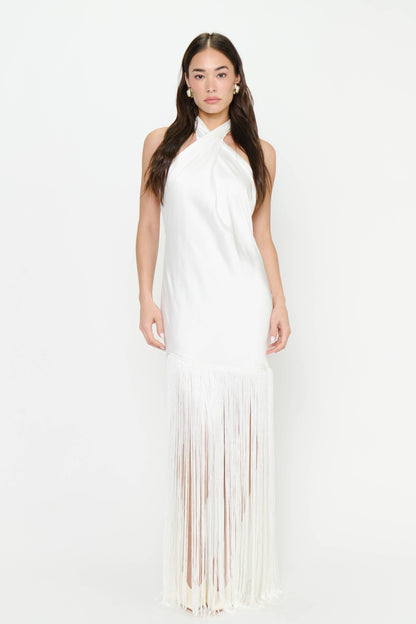 Jasmine Fringe Maxi Dress ~ Ivory Luxe Satin