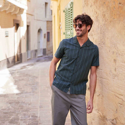 Boldon Mens 100% Cotton Supersoft Short Sleeve Shirt - Dark Indigo Stripe