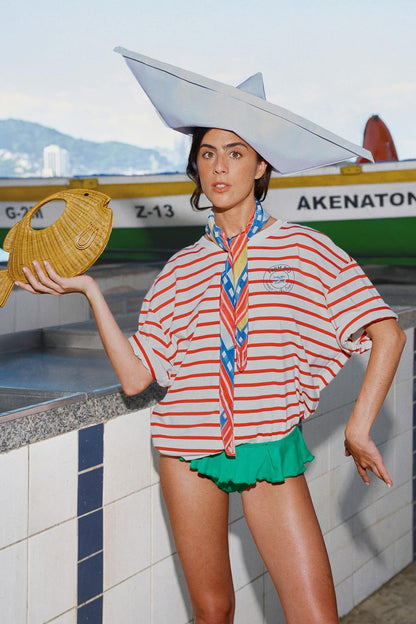Red Summer In The Tropics Stripes T-Shirt & Scarf