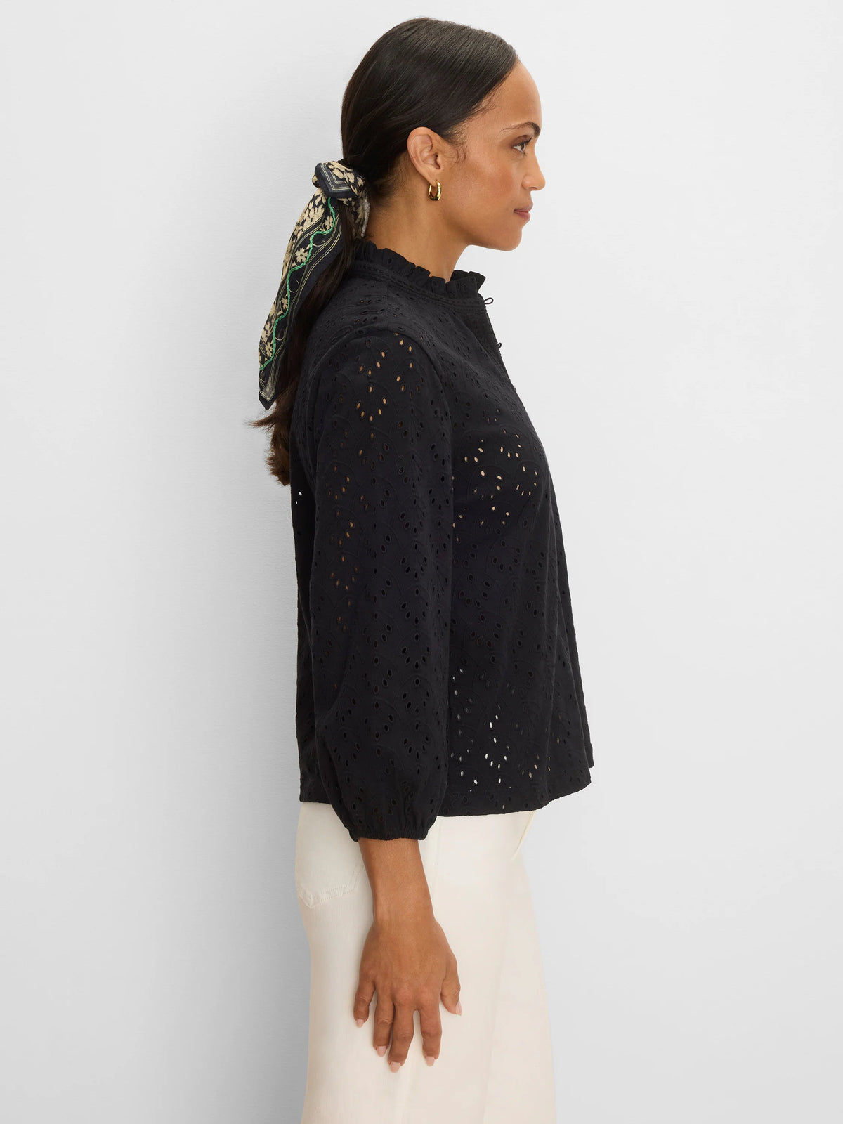 Knit Eyelet Ruffle Neck Top