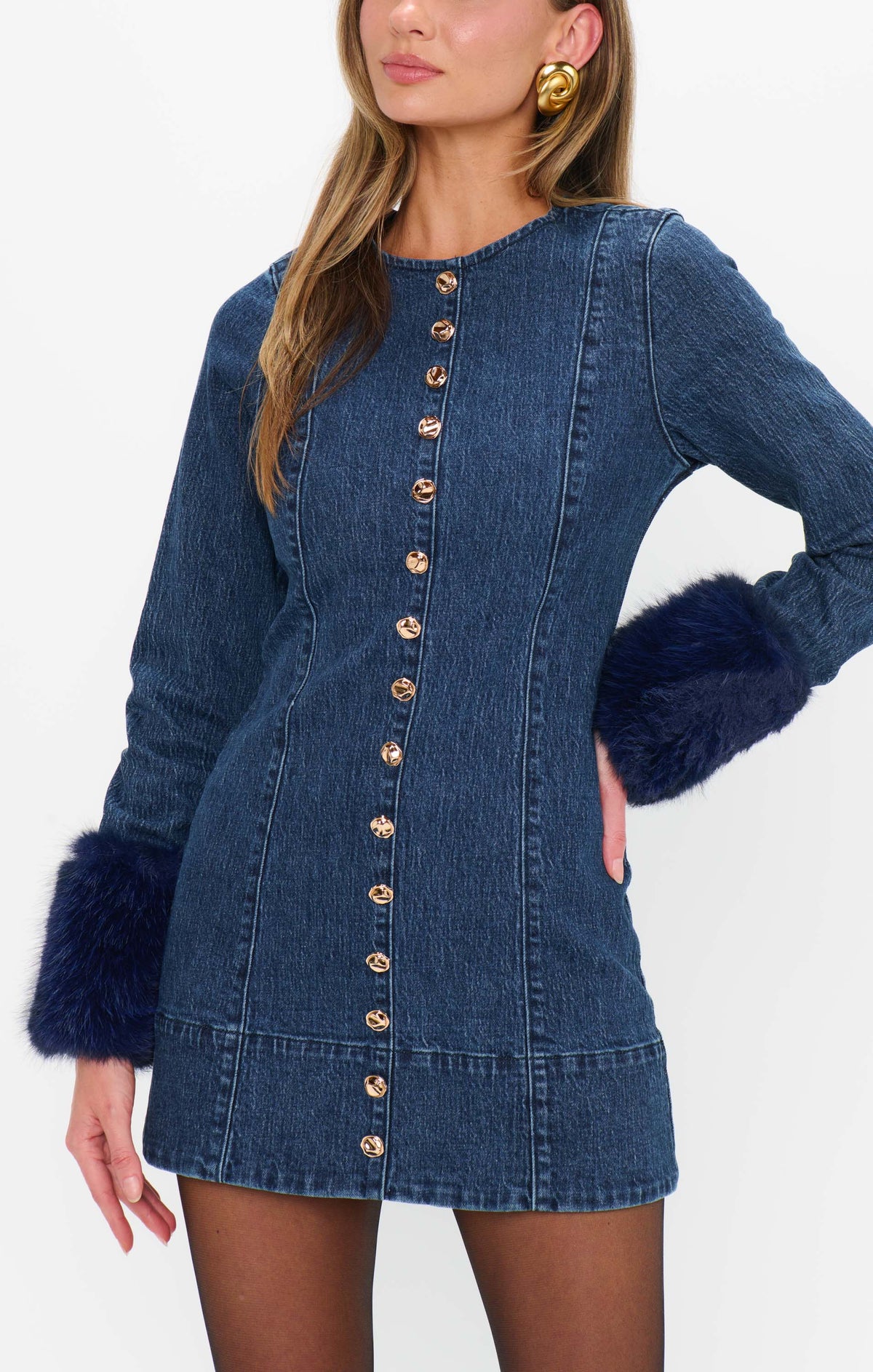 Rockefeller Mini Dress ~ Subzero Indigo with Faux Fur