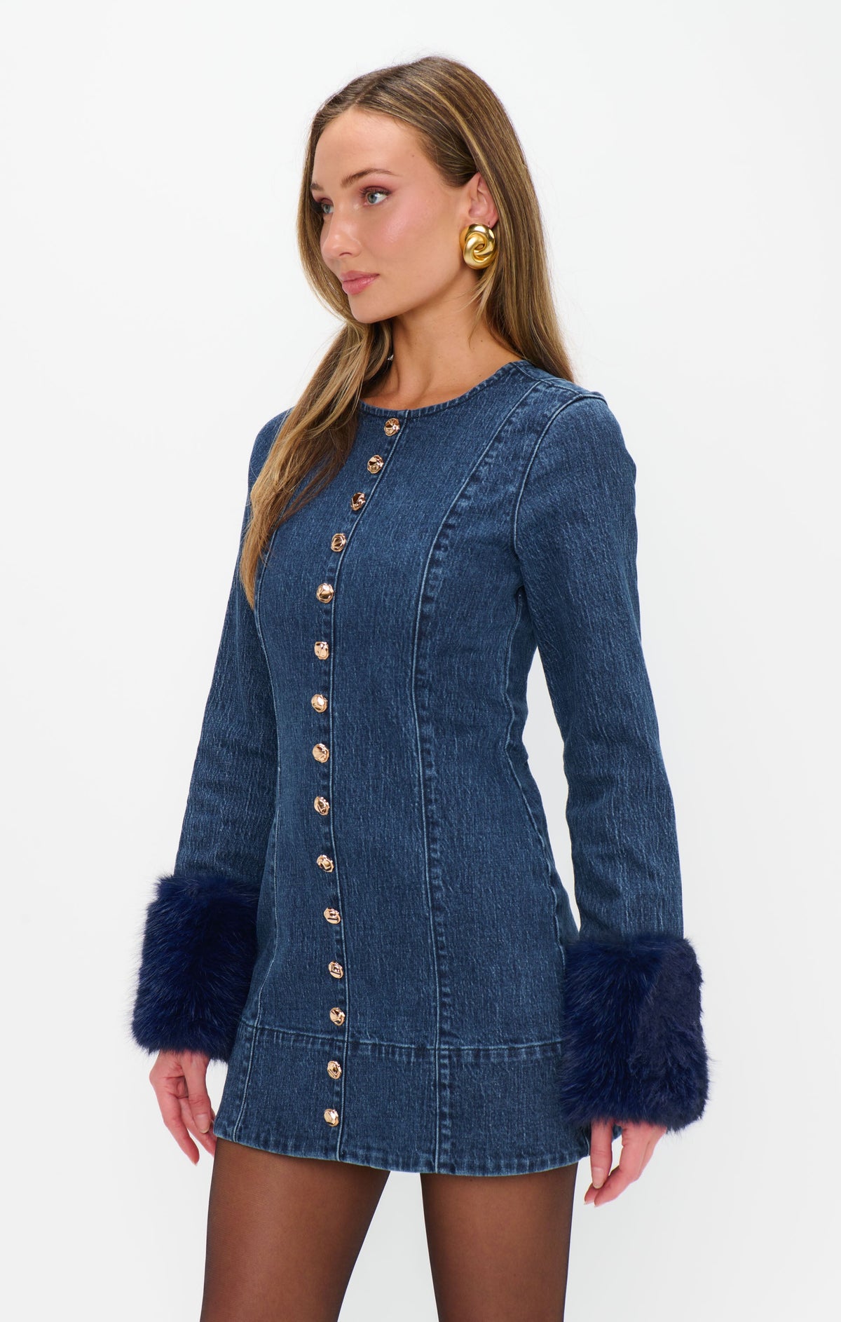 Rockefeller Mini Dress ~ Subzero Indigo with Faux Fur
